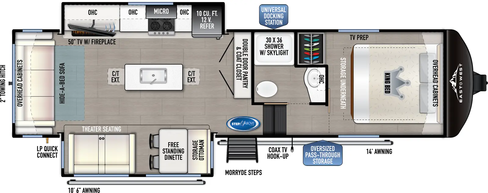 The 28RL has two slideouts and one entry. Exterior features an oversized pass through storage, universal docking station, MORryde Steps, coax TV hookup, 10 foot 6 inch awning and 14 foot awning, LP quick connect, and 2 inch towing hitch. Interior layout front to back: foot-facing king bed with storage underneath, overhead cabinets, and off-door side closet and TV prep; off-door side full bathroom with overhead cabinet and shower with skylight; steps down to main living area and entry; double door pantry and coat closet along inner wall; off-door side slideout with 12V refrigerator, overhead cabinet, microwave, cooktop, and TV with fireplace; kitchen island with sink and two extensions; door side slideout with free-standing dinette with storage ottoman, and theater seating; rear hide-a-bed sofa with overhead cabinet.